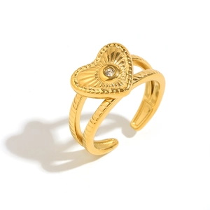 Bague ouverte en acier inoxydable doré 18K avec motif cœur texturé et petit zircon