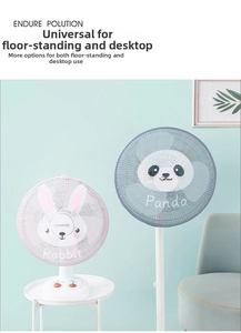 Close-up of mesh fan cover with breathable fabric and cute cartoon rabbit and panda prints