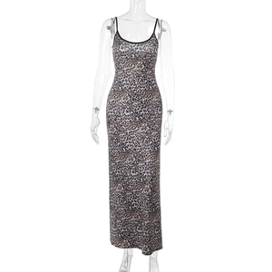 Detailed view of the leopard print slip dress with slim fit and elegant long hemline
