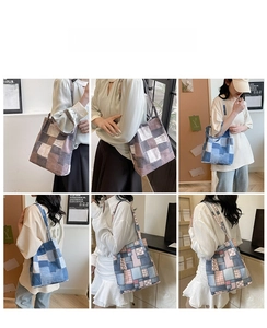 Various patchwork canvas shoulder bags shown in multiple colors and style options