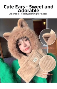 Detail of plush brown faux fur hood with animal ears and cute woven smile label