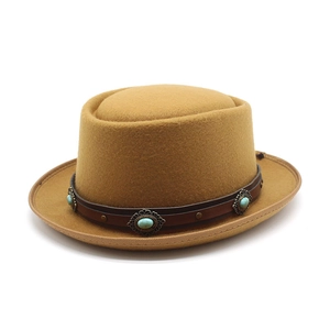 Vintage camel felt jazz hat with leather band and turquoise stone embellishments