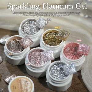 Detail view of 6 sparkling platinum nail gels with vibrant colors and glitter textures