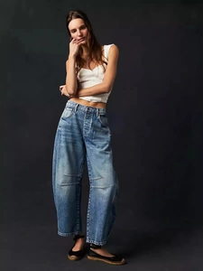 Jean Large Femme Denim Coton Lavé Coupe Ample Streetwear Décontracté Pantalon Long Avec Poches Vintage Bleu