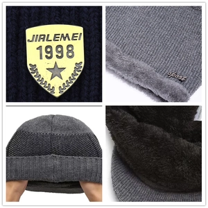 Men's winter knit beanie hat and scarf set with thick fleece lining in dark blue and grey