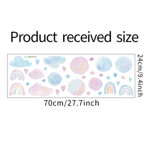 Detail of watercolor rainbow cloud wall stickers showing size 70x24cm for kids room decor