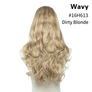 Rear view of long wavy dirty blonde U-part wig extension on a studio mannequin