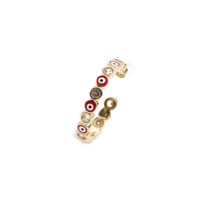 Gold evil eye open ring with colorful enamel and cubic zirconia stones on white background