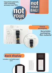 Detailed view of blue PVC luggage tag with transparent ID window and info card back