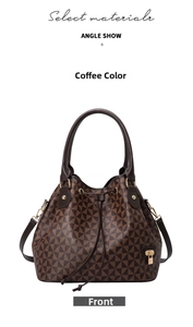 Front view of coffee geometric pattern bucket bag with brown handles and gold hardware