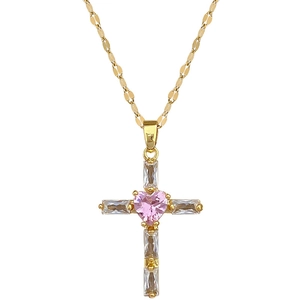 Pink heart crystal and cross pendant necklace in gold-plated stainless steel