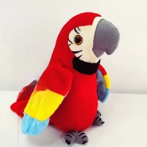 Detailed side view of 20cm plush parrot toy with red feathers and blue wing accents