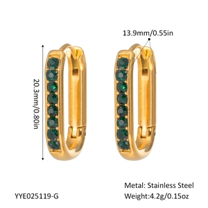 Detail view of U-shaped gold stainless steel earrings with inlaid green crystals and dimensions