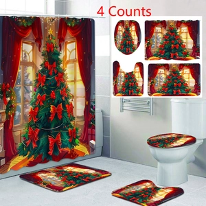 Detail showing 4-piece Christmas bathroom set with shower curtain and non-slip mats