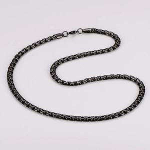 Macro shot of durable black stainless steel box chain necklace with lobster clasp detail