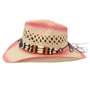Pink gradient western cowboy straw hat with hollow weave and turquoise bead band