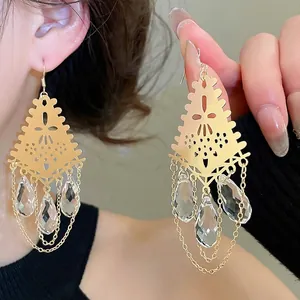 Retro Hollow Rhombic Tassel Drop Earrings With Clear Waterdrop Crystals And Silver Earring Post For Women Bohemian