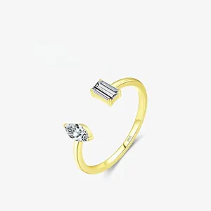 925 Sterling Silver Geometric Open Ring Minimalist Gold Plated Rhinestone Adjustable Finger Ring For Women Fashion Jewelry