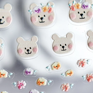 Cute bear and floral pro nail stickers with thin adhesive backing for nail art decor