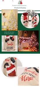 Detail of burlap Christmas wine gift bag with Santa illustration and plaid ribbon drawstring