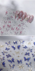 Détails de stickers papillon roses et bleus avec contours métalliques dorés et argentés