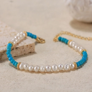 S925 silver beaded bracelet with natural pearls and blue turquoise stones and gold clasp
