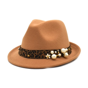 Vintage Woolen Fedora Hat For Women Leopard Print Band With Faux Artificial Pearls Flower Elegant Jazz Felt Hat Retro Style