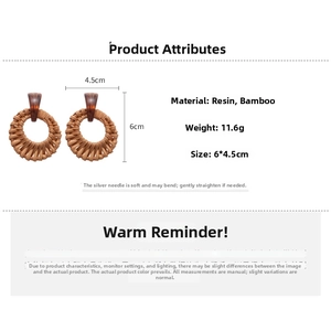 Detail showing bamboo woven geometric earrings with resin top and size measurements