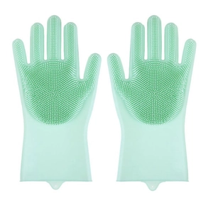 Mint green silicone grooming gloves for pets with soft massage bristles and hanging hole