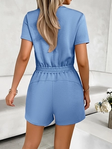Rear view detail of casual blue short sleeve romper with elastic waist and soft fabric