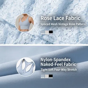 Light blue yoga sports bra featuring lace patchwork and breathable mesh fabric