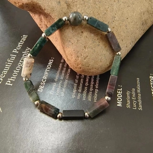 Natural multicolor rectangle stone bead bracelet with silver metal spacers and vintage style