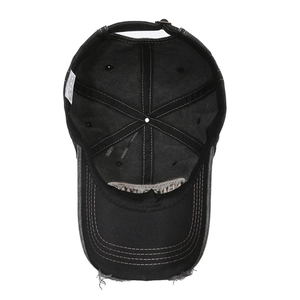 Inside view of black washed cotton baseball cap with distressed details and metal buckle