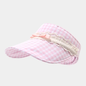 Pink and white checkered sun visor hat with lace trim and bow for women and kids