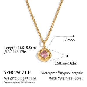 Detailed dimensions of a square stainless steel necklace with pink zircon and size labels