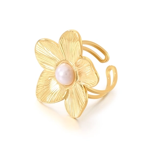 Eleganter goldener Blumenring mit Perleneinlage, verstellbarer Edelstahlschmuck Damen
