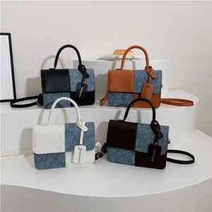 Minimalist square crossbody bags in four color-block styles with denim and leather patchwork