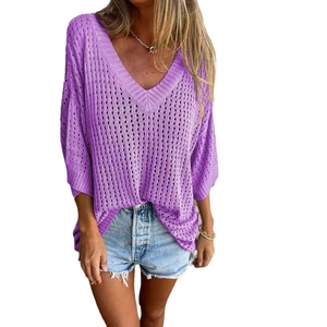 Lockerer lila V-Ausschnitt Strickpullover für Damen mit stylischem Lochmuster-Design