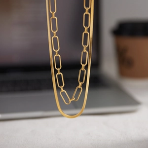 Minimalist 18K gold double layer stainless steel snake and paperclip chain necklace