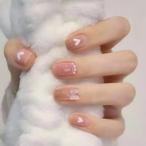 Unghie Finte A Pressione Sfumate Rosa Dolce Cuore Fiocco Perla Artificial Farfalla 3D Corte Quadrate Rotonde Decorative