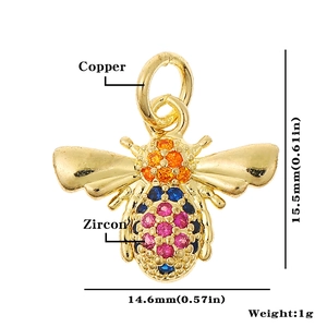 Detailed specs of bee pendant: copper and zircon material with 15.5mm x 14.6mm dimensions