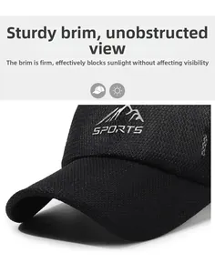 Detail of black sports cap featuring breathable mesh fabric and embroidered sports logo
