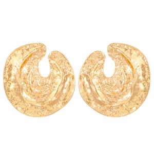 Pair of chunky gold geometric earrings with hammered texture on a white background