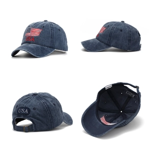 Navy blue washed cotton baseball cap with USA embroidery and American flag patch