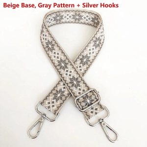 Detail of 3.8cm canvas bag strap with beige grey geometric pattern and silver hooks
