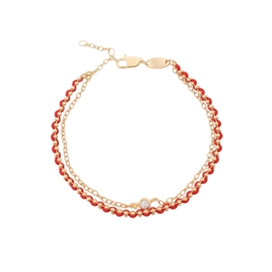 Double-layer 18k gold plated bracelet with red beads and a single sparkling zircon stone