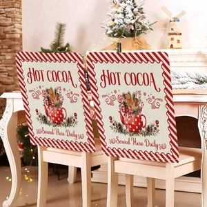 Detail of Christmas chair covers featuring red stripes and hot cocoa festive patterns