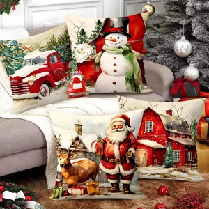 4 Pcs Christmas Pillowcases Decorative Cushion Covers Reindeer Snowman Red Truck Printed Polyester Throw Pillow Cases Home Decor