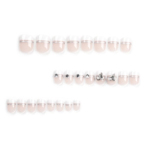 Short square French press-on nails in white with sparkling heart rhinestones set