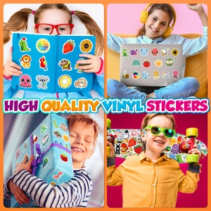 High quality vinyl stickers displayed on a laptop, tablet, gift wrap, and skateboard